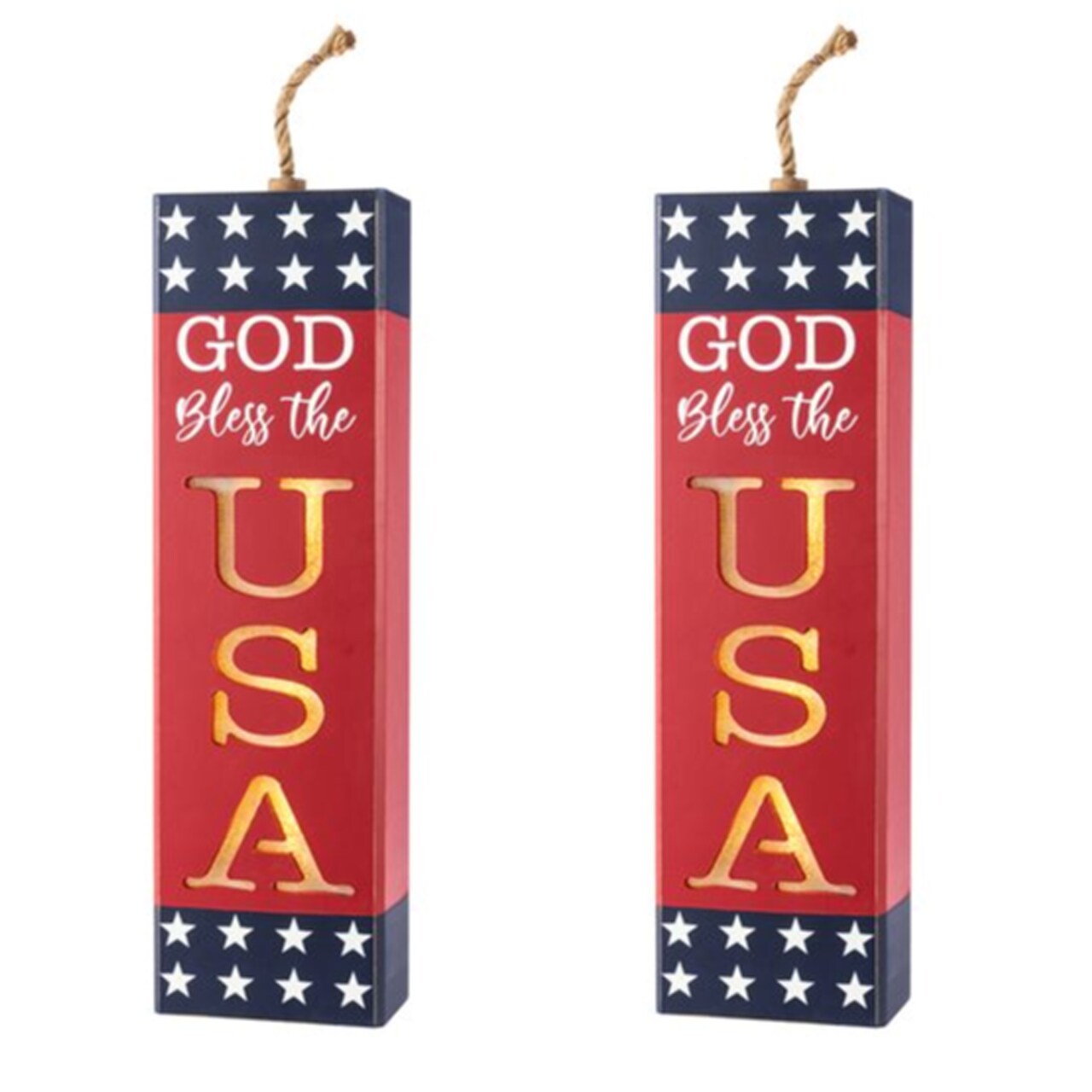 Set of 2 24.75"H Lighted Patriotic/ Americana Wooden Firecracker Porch Decor